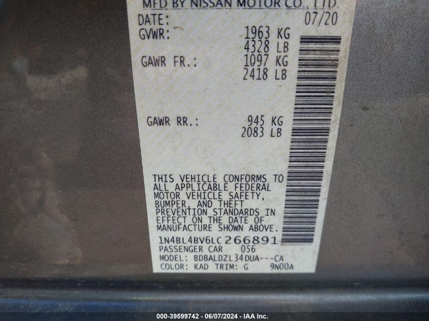 2020 Nissan Altima S Fwd VIN: 1N4BL4BV6LC266891 Lot: 39599742