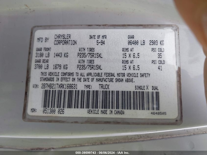 1994 Dodge Ram Van B250 VIN: 2B7HB21TXRK168631 Lot: 39599743