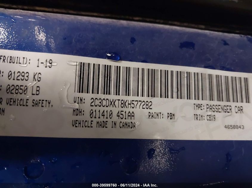 2019 Dodge Charger Police Awd VIN: 2C3CDXKT8KH577282 Lot: 39599760