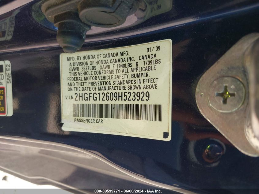 2009 Honda Civic Lx VIN: 2HGFG12609H523929 Lot: 39599771