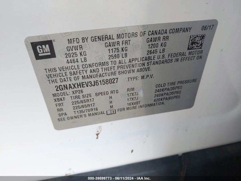 2018 Chevrolet Equinox Ls VIN: 2GNAXHEV3J6158027 Lot: 39599773