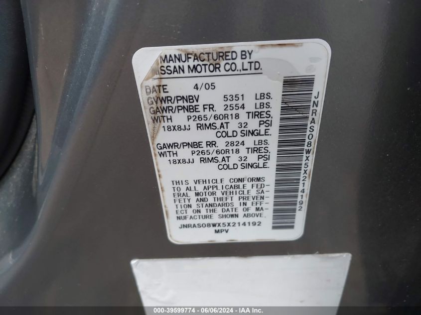 2005 Infiniti Fx35 VIN: JNRAS08WX5X214192 Lot: 39599774