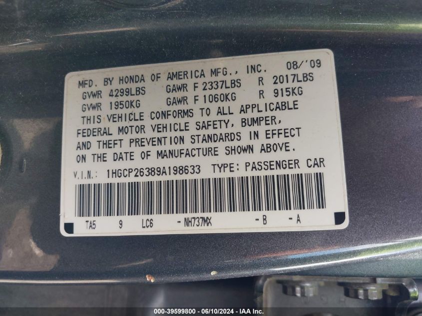 2009 Honda Accord 2.4 Lx VIN: 1HGCP26389A198633 Lot: 39599800