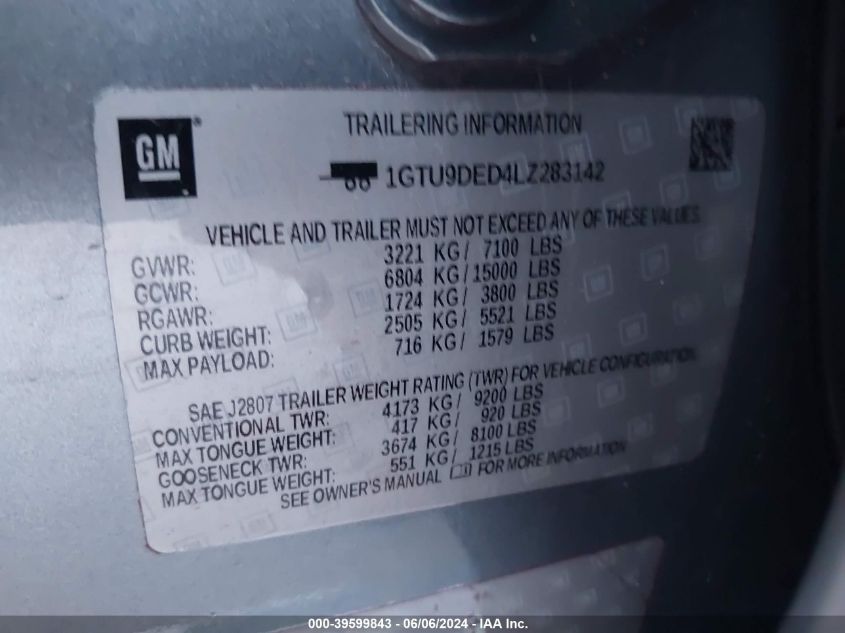 2020 GMC Sierra 1500 VIN: 1GTU9DED4LZ283142 Lot: 39599843