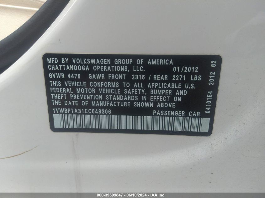 2012 Volkswagen Passat 2.5L Se VIN: 1VWBP7A31CC048306 Lot: 39599847