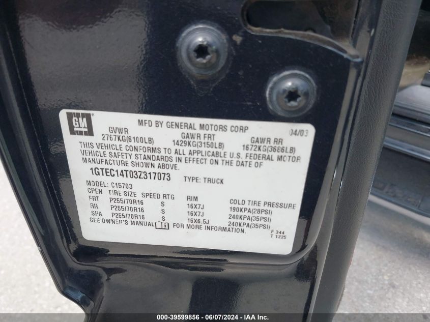 2003 GMC Sierra 1500 Sle VIN: 1GTEC14T03Z317073 Lot: 39599856