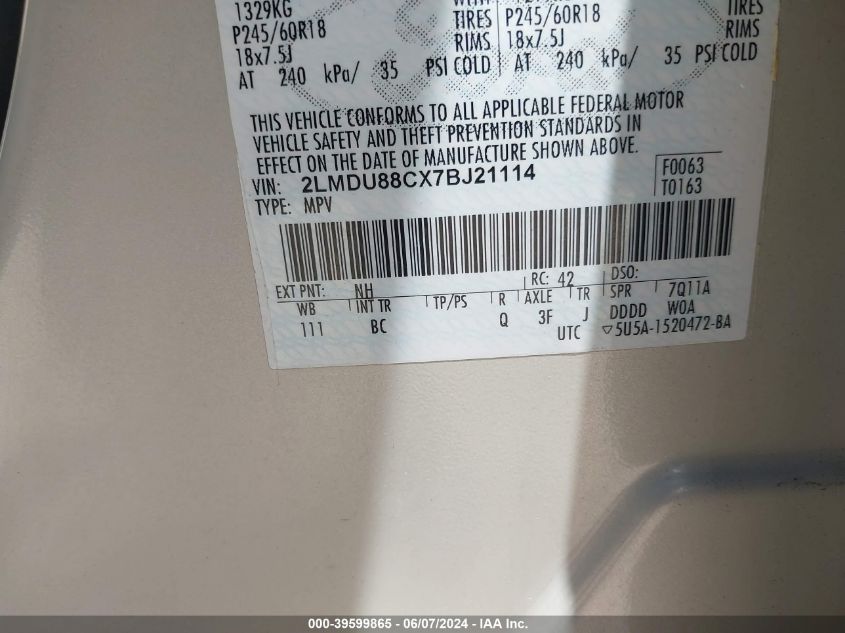 2007 Lincoln Mkx VIN: 2LMDU88CX7BJ21114 Lot: 39599865