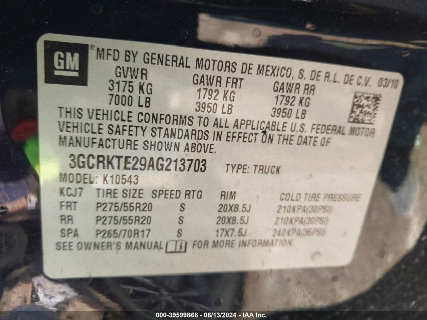 2010 Chevrolet Silverado 1500 Ltz VIN: 3GCRKTE29AG213703 Lot: 39599868