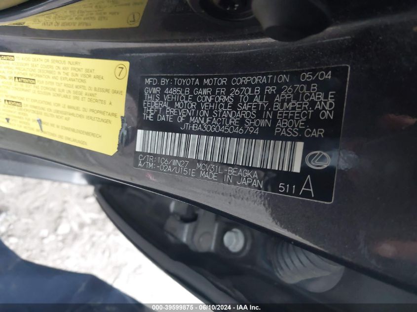 2004 Lexus Es 330 VIN: JTHBA30G045046794 Lot: 39599875