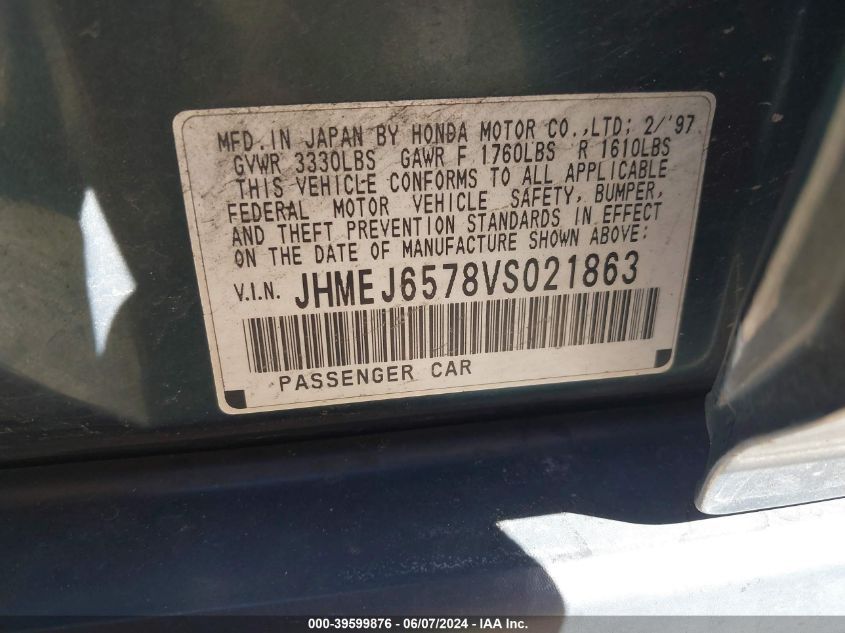 1997 Honda Civic Lx VIN: JHMEJ6578VS021863 Lot: 39599876