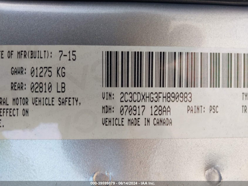 2015 Dodge Charger Sxt VIN: 2C3CDXHG3FH890983 Lot: 39599879