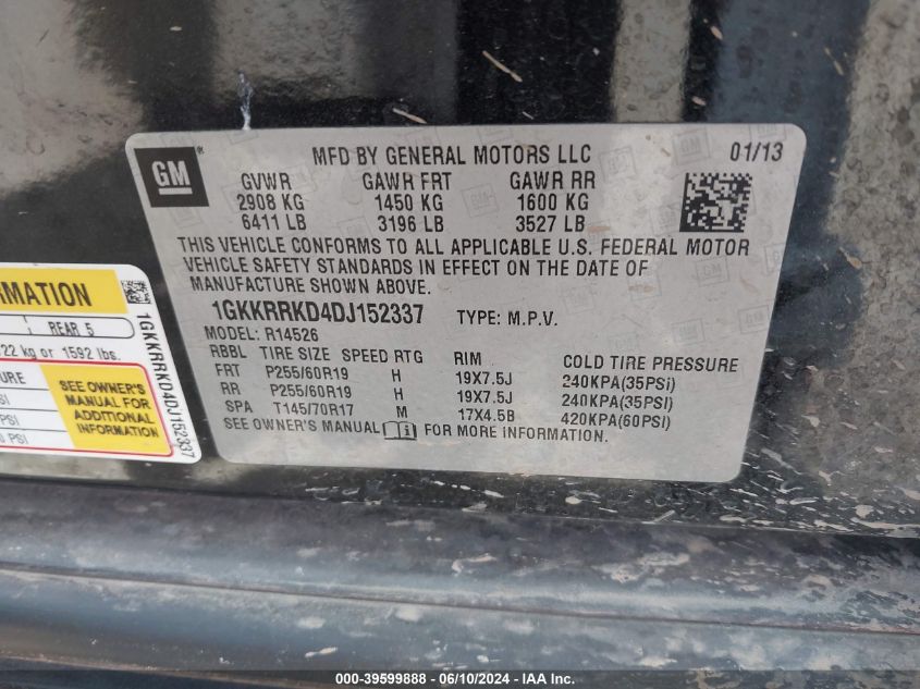 2013 GMC Acadia Slt-1 VIN: 1GKKRRKD4DJ152337 Lot: 39599888