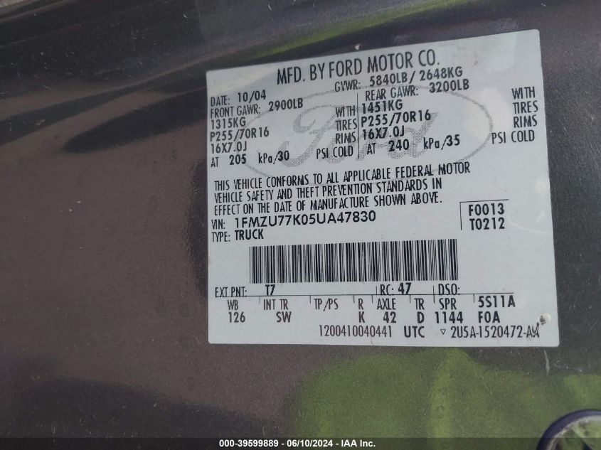 2005 Ford Explorer Sport Trac Adrenalin/Xls/Xlt VIN: 1FMZU77K05UA47830 Lot: 39599889