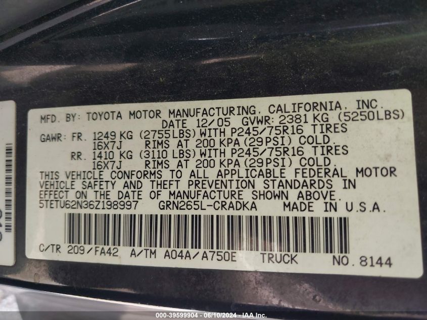 2006 Toyota Tacoma Prerunner V6 VIN: 5TETU62N36Z198997 Lot: 39599904