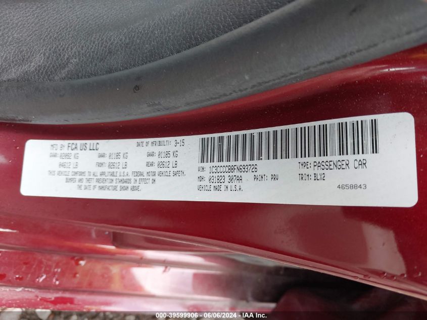 2015 Chrysler 200 C VIN: 1C3CCCCB8FN693726 Lot: 39599906