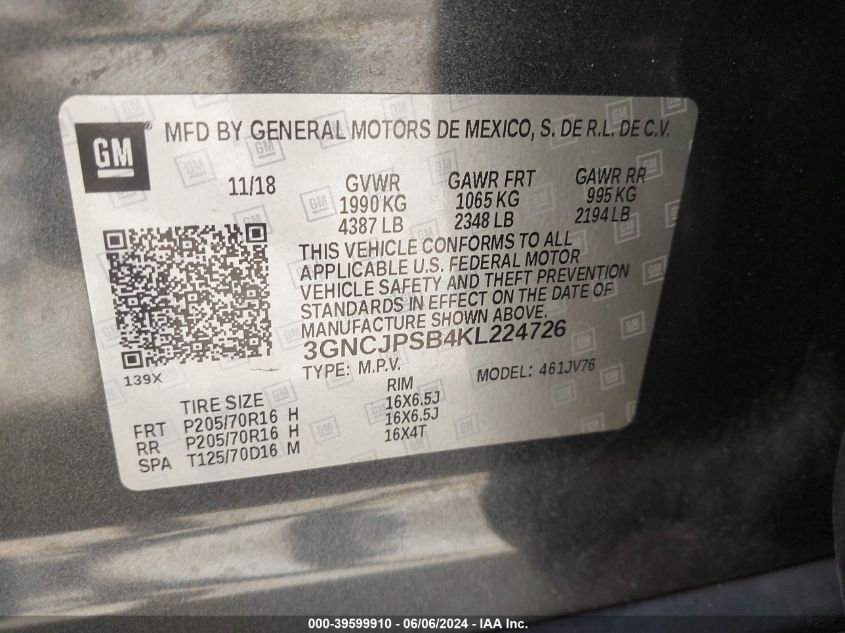 2019 Chevrolet Trax Lt VIN: 3GNCJPSB4KL224726 Lot: 39599910