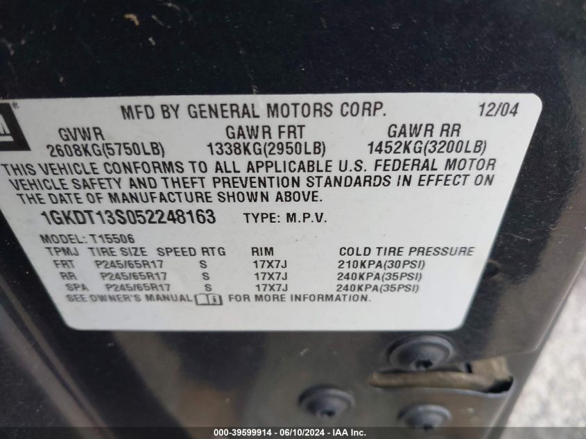 2005 GMC Envoy VIN: 1GKDT13S052248163 Lot: 39599914