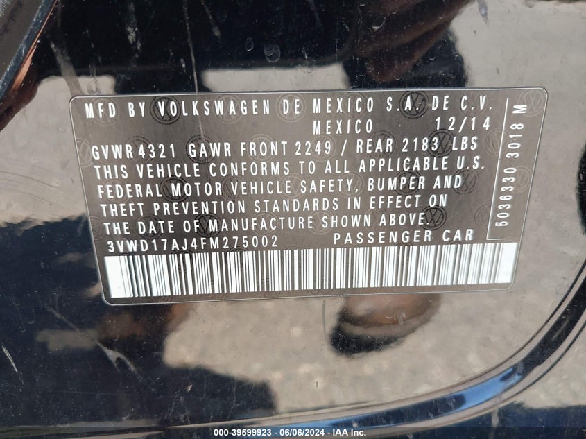 2015 Volkswagen Jetta 1.8T Se VIN: 3VWD17AJ4FM275002 Lot: 39599923