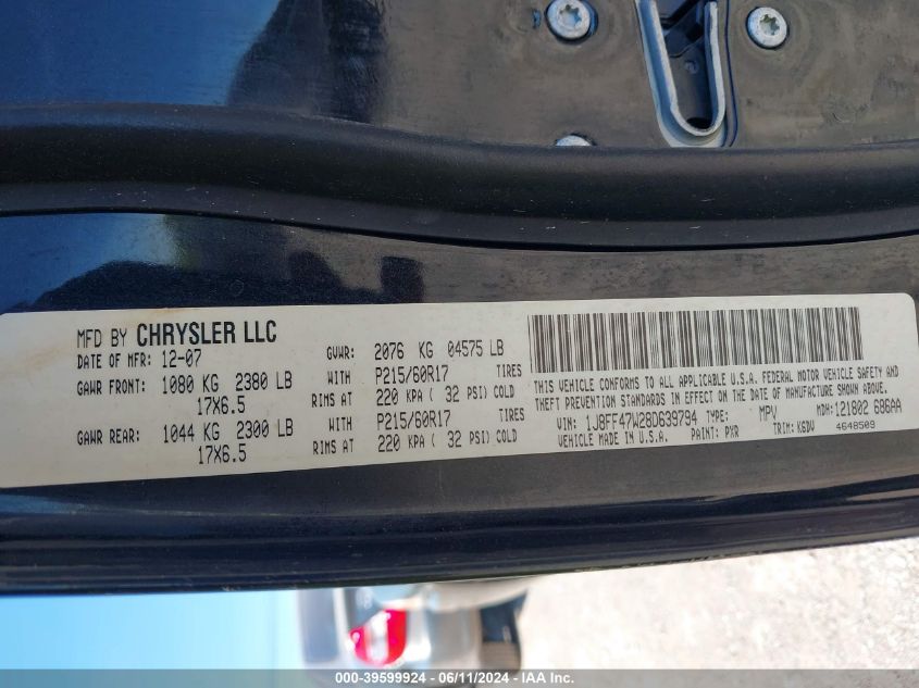 2008 Jeep Compass Sport VIN: 1J8FF47W28D639794 Lot: 39599924