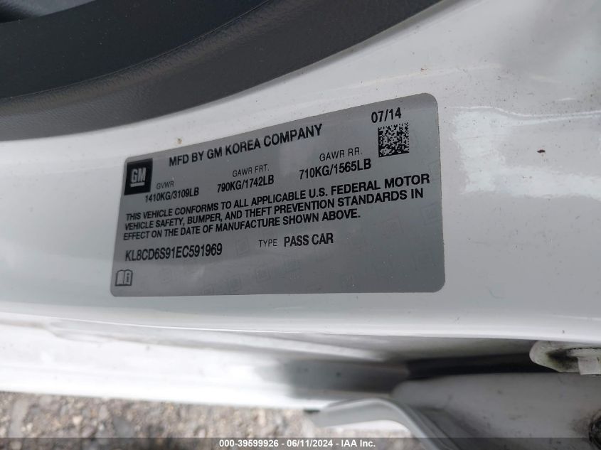 2014 Chevrolet Spark 1Lt Auto VIN: KL8CD6S91EC591969 Lot: 39599926