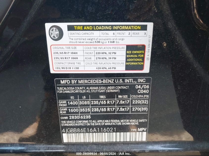 2006 Mercedes-Benz Ml 350 4Matic VIN: 4JGBB86E16A116021 Lot: 39599934