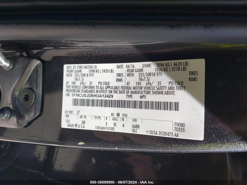 2017 Ford Escape Titanium VIN: 1FMCU0JD6HUA12429 Lot: 39599950