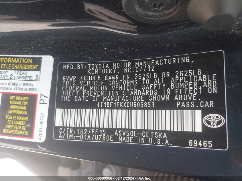 2012 Toyota Camry Se VIN: 4T1BF1FKXCU605853 Lot: 39599956