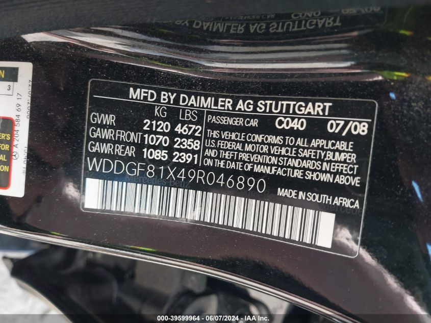 2009 Mercedes-Benz C 300 Luxury 4Matic/Sport 4Matic VIN: WDDGF81X49R046890 Lot: 39599964