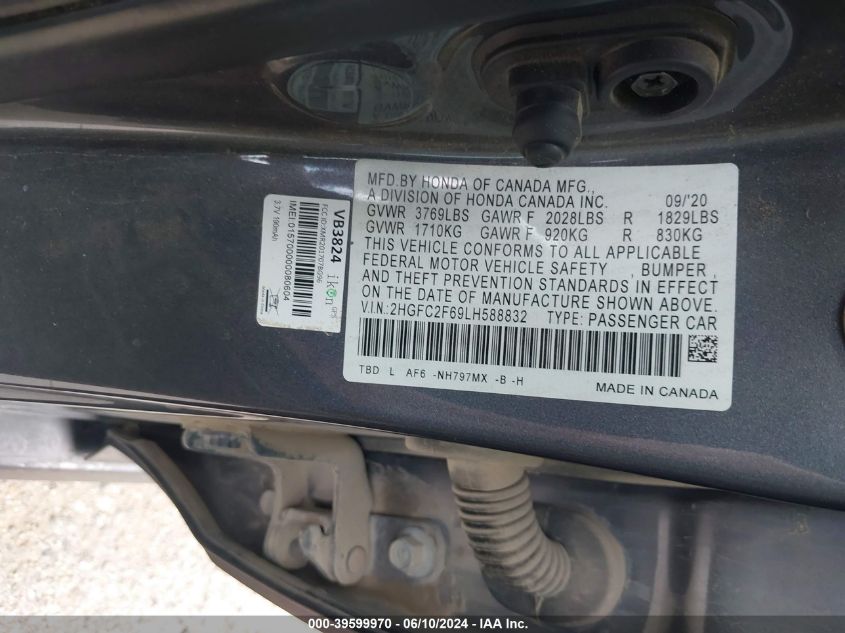 2020 Honda Civic Lx VIN: 2HGFC2F69LH588832 Lot: 39599970