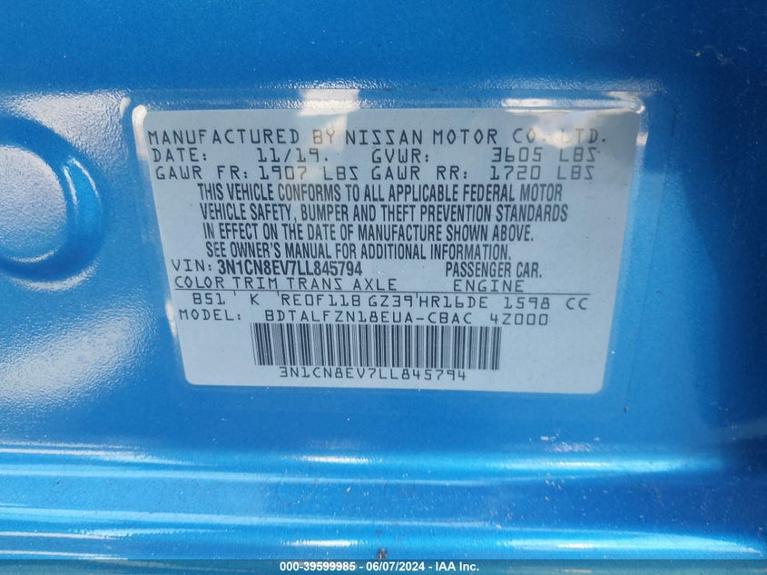 2020 Nissan Versa Sv Xtronic Cvt VIN: 3N1CN8EV7LL845794 Lot: 39599985