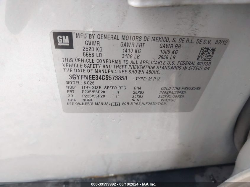 2012 Cadillac Srx Performance Collection VIN: 3GYFNEE34CS578850 Lot: 39599992