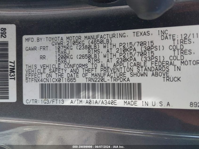 2012 Toyota Tacoma VIN: 5TFNX4CN1CX011665 Lot: 39599999