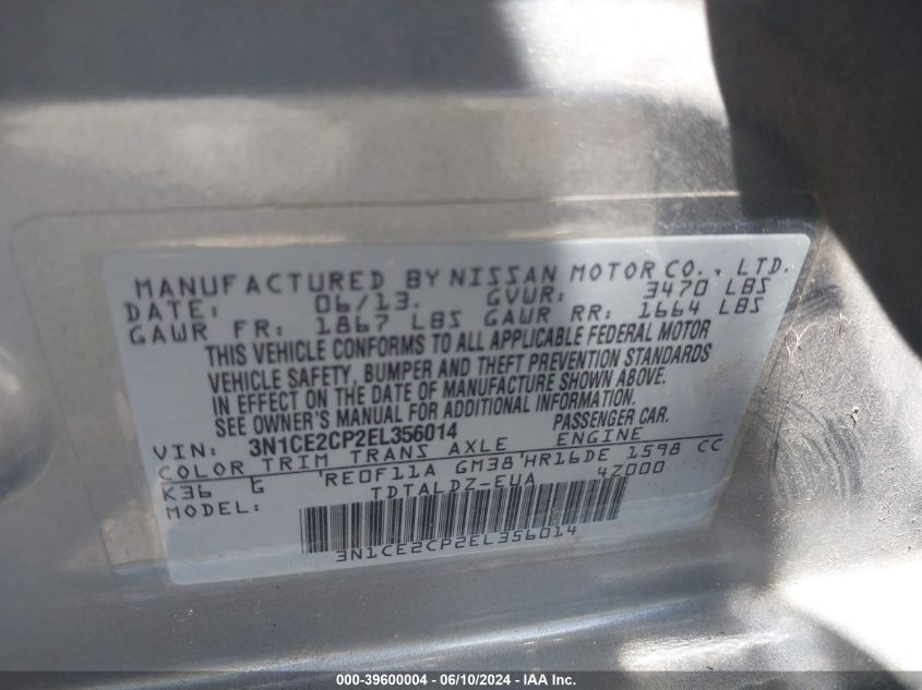 2014 Nissan Versa Note Sv VIN: 3N1CE2CP2EL356014 Lot: 39600004