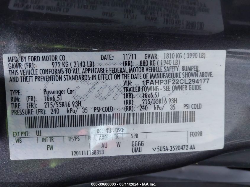 2012 Ford Focus Se VIN: 1FAHP3F22CL294177 Lot: 39600003