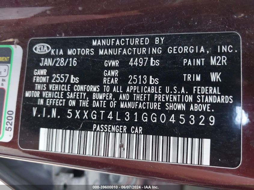 2016 Kia Optima Lx VIN: 5XXGT4L31GG045329 Lot: 39600010