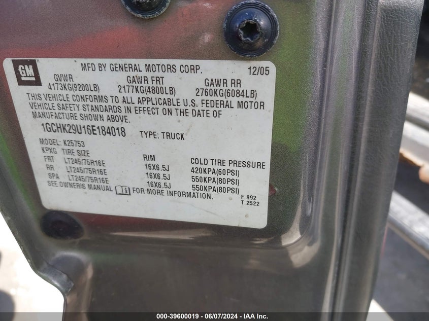 2006 Chevrolet Silverado 2500Hd Lt3 VIN: 1GCHK29U16E184018 Lot: 39600019