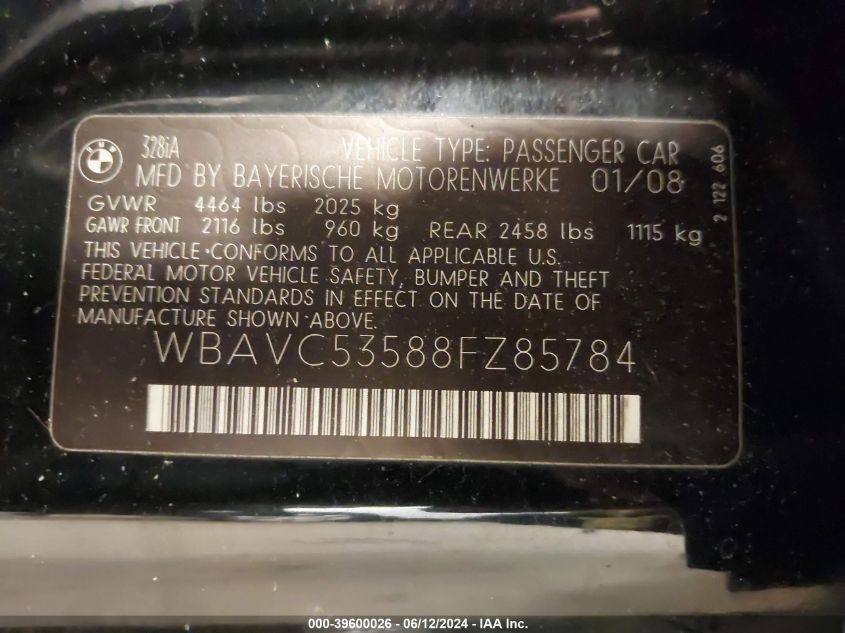 2008 BMW 328I VIN: WBAVC53588FZ85784 Lot: 39600026
