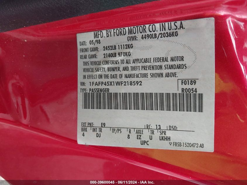 1998 Ford Mustang Gt VIN: 1FAFP45X1WF218592 Lot: 39600045