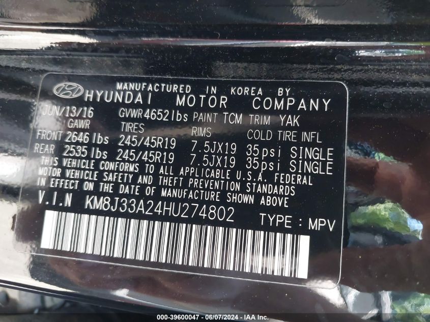 2017 Hyundai Tucson Limited VIN: KM8J33A24HU274802 Lot: 39600047