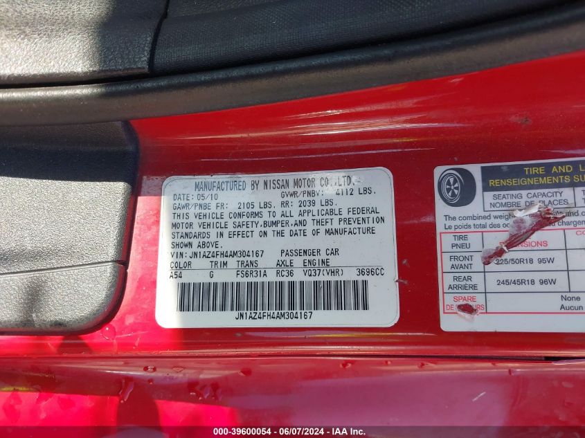 2010 Nissan 370Z VIN: JN1AZ4FH4AM304167 Lot: 39600054