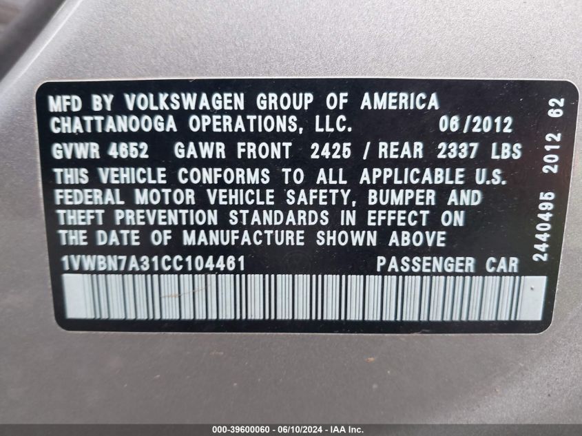 2012 Volkswagen Passat 2.0L Tdi Se VIN: 1VWBN7A31CC104461 Lot: 39600060