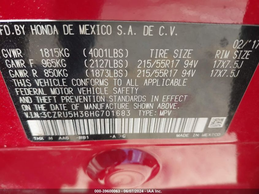 2017 Honda Hr-V Lx VIN: 3CZRU5H36HG701683 Lot: 39600063