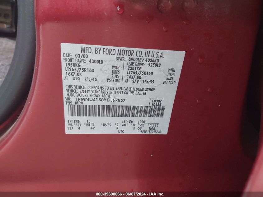 2000 Ford Excursion Xlt VIN: 1FMNU41S8YEC87857 Lot: 39600066