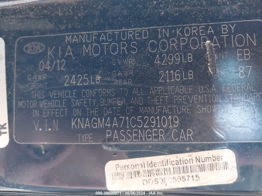 2012 Kia Optima Lx VIN: KNAGM4A71C5291019 Lot: 39600071