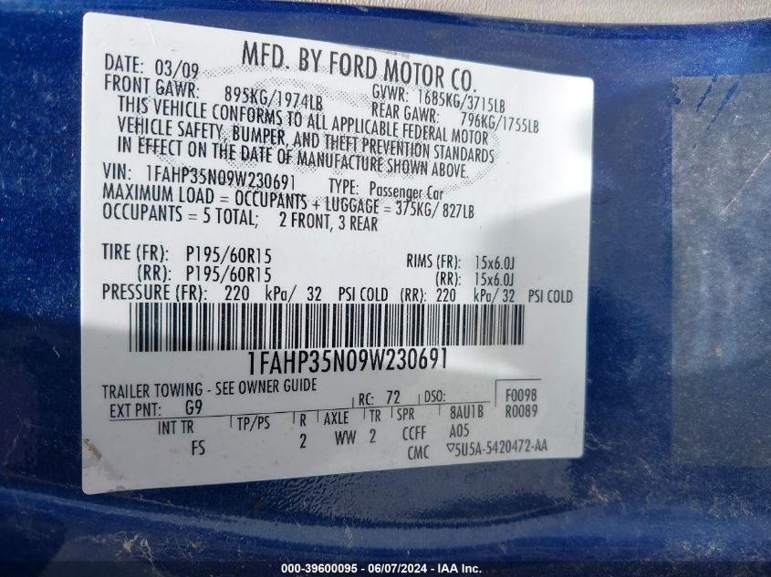 2009 Ford Focus Se VIN: 1FAHP35N09W230691 Lot: 39600095