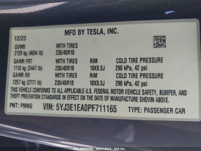 2023 TESLA MODEL 3 REAR-WHEEL DRIVE - 5YJ3E1EA0PF711165