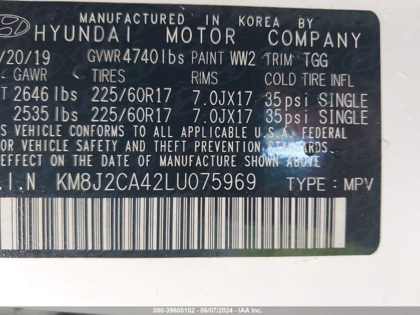 2020 Hyundai Tucson Se VIN: KM8J2CA42LU075969 Lot: 39600102