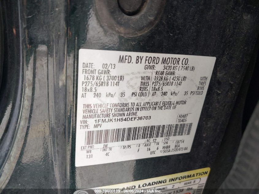 2013 Ford Expedition El Xlt VIN: 1FMJK1H54DEF36703 Lot: 39600109