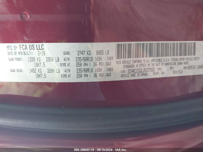 2018 Chrysler Pacifica Touring L Plus VIN: 2C4RC1EG2JR227935 Lot: 39600118