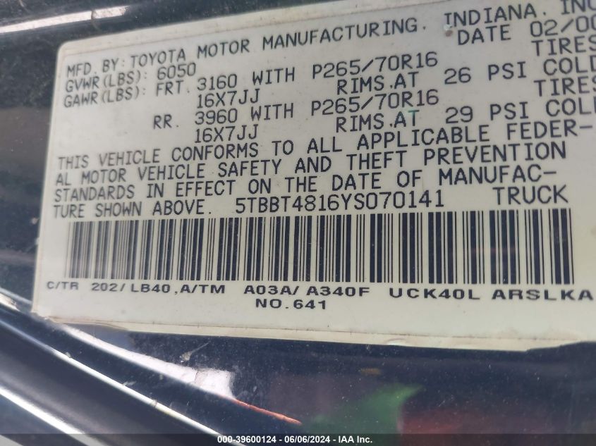 2000 Toyota Tundra Ltd V8 VIN: 5TBBT4816YS070141 Lot: 39600124